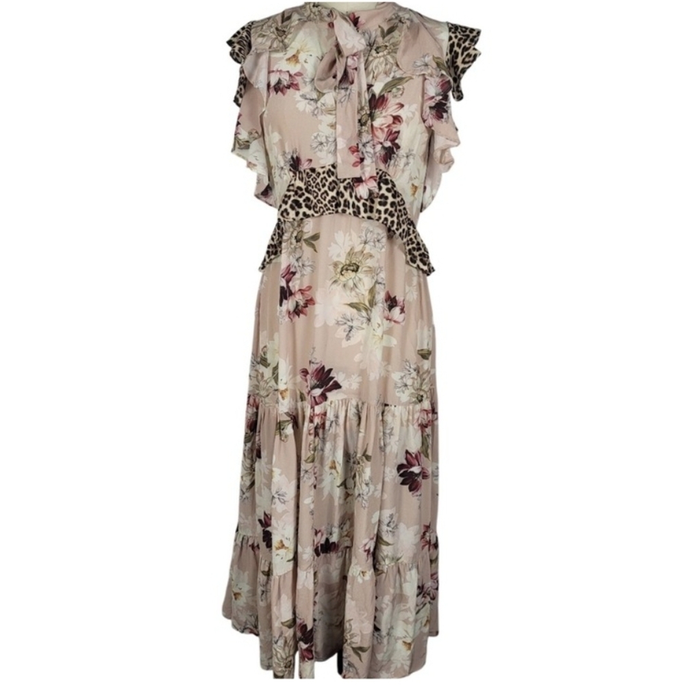 KACHEL Sedona Anthropologie Silk Floral and Leopard Print Dress 6 /Medium